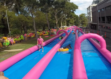 गुलाबी में विशाल वाणिज्यिक Inflatable पर्ची और स्लाइड डबल लेन