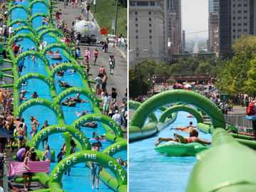 मजेदार ग्रीन 300 मीटर लंबी विशालकाय Inflatable पानी स्लाइड टिकाऊ पीवीसी वाणिज्यिक