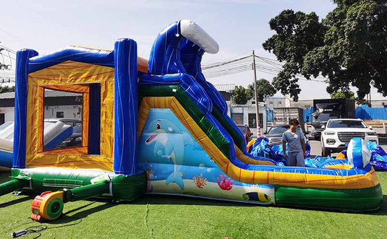 बालकों के लिए कस्टम निर्मित डॉल्फिन बाउंस हाउस स्लाइड अंडरवाटर वर्ल्ड थीम जंपिंग कैसल के साथ