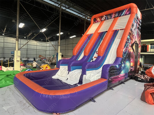 कमर्शियल ग्रेड डबल लेन इन्फ्लेटेबल स्लाइड पूल के साथ, पार्टी रेंटल और इवेंट्स किड्स प्ले सिस्टम के लिए ट्रेंडी नियॉन/टिकटॉक थीम वाली ड्राई/वेट स्लाइड